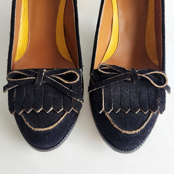 Fendi Austen Black Suede Leather Loafer Pumps, Slip-On W/Stacked Yellow Heel 37 - Picture 4 of 16